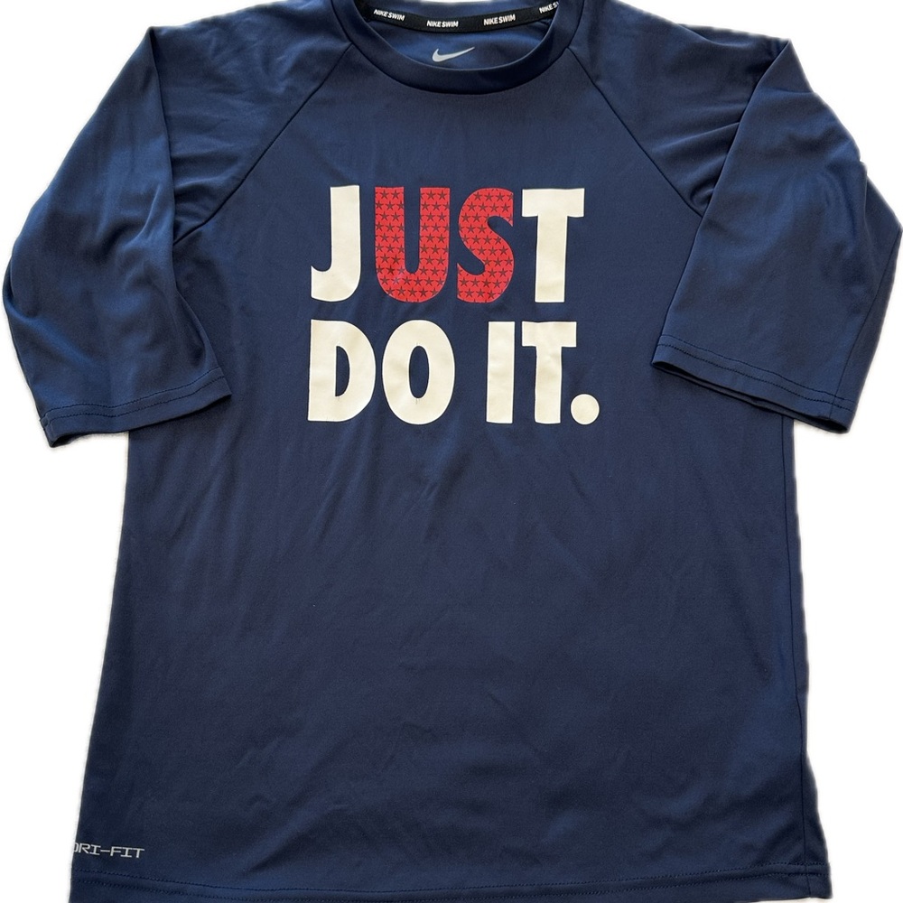 Nike Kids Navy Swim Shirt with Patriotic red white blue Logo size L